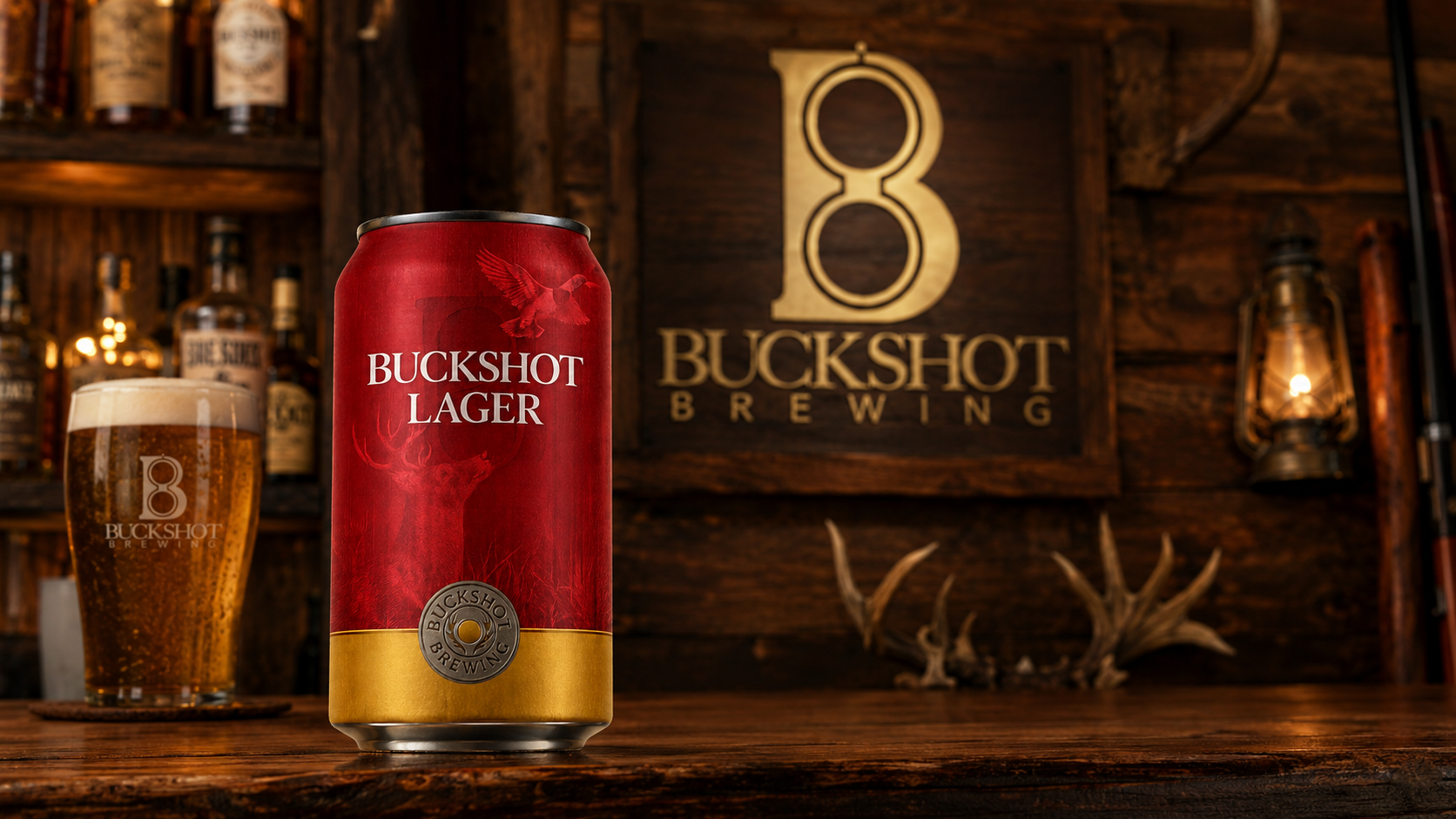 Buckshot Lager concept can in an outdoor bar setting